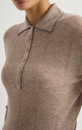 Wool Blend Ribbed Knit Polo Sweater