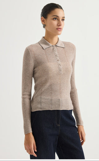 Wool Blend Ribbed Knit Polo Sweater