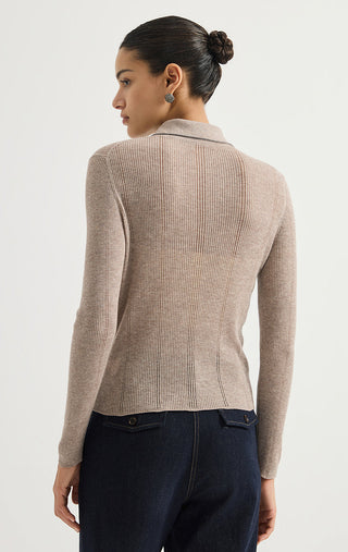 Wool Blend Ribbed Knit Polo Sweater