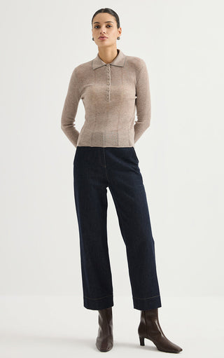 Wool Blend Ribbed Knit Polo Sweater