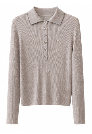Camel wool-blend ribbed knit polo sweater with button placket and collar