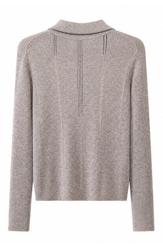 Light grey wool-blend ribbed knit polo sweater back view