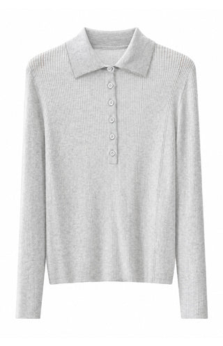 Light grey wool-blend ribbed knit polo sweater, button placket