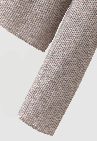 Camel ribbed knit sweater sleeve cuff detail