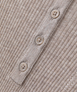 Camel ribbed knit polo sweater placket with three buttons
