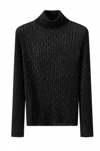 Black wool-blend ribbed turtleneck sweater with long sleeves