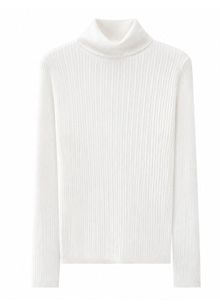 Ivory white wool-blend ribbed turtleneck sweater with long sleeves