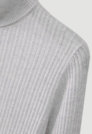 Greige ribbed turtleneck sweater knit texture close-up