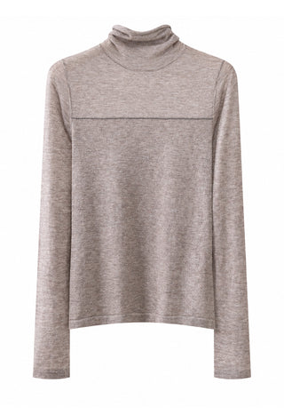 Taupe wool-blend knit turtleneck top with long sleeves and fitted silhouette.