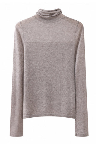 Taupe wool-blend knit turtleneck top, folded collar and long sleeves.