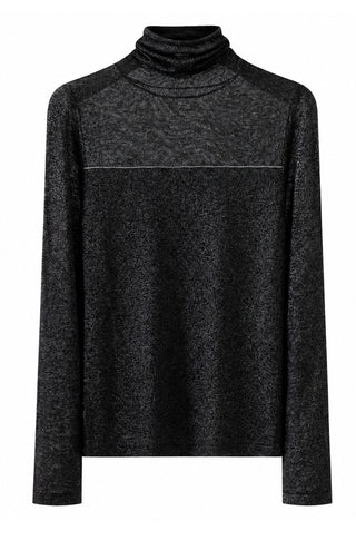 Black wool-blend knit turtleneck top with long sleeves and ribbed collar.
