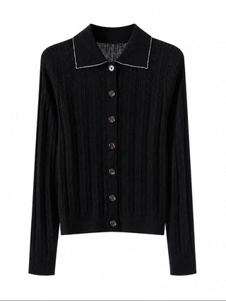 Wool Ribbed Knit Polo Cardigan