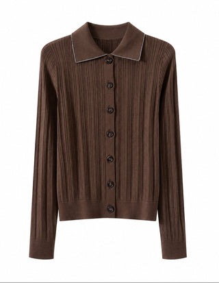 Wool Ribbed Knit Polo Cardigan