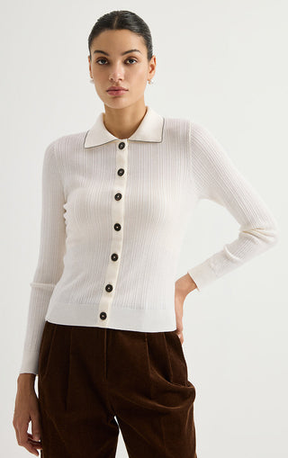 Wool Ribbed Knit Polo Cardigan