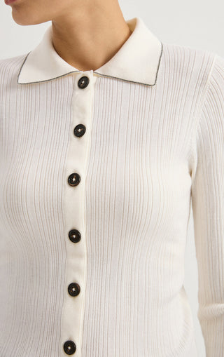 Wool Ribbed Knit Polo Cardigan