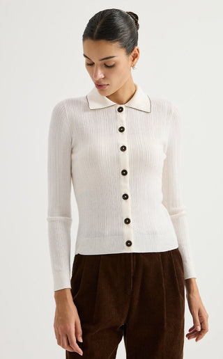 Wool Ribbed Knit Polo Cardigan