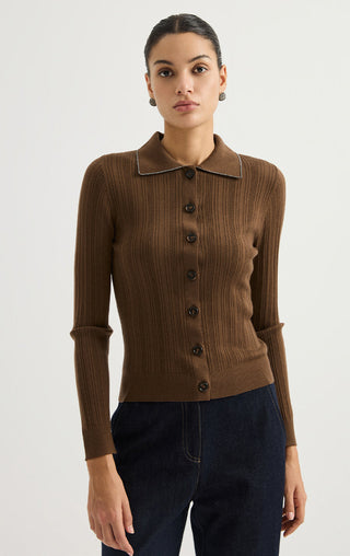 Wool Ribbed Knit Polo Cardigan