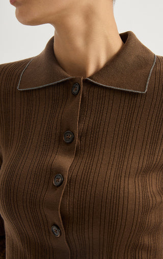 Wool Ribbed Knit Polo Cardigan