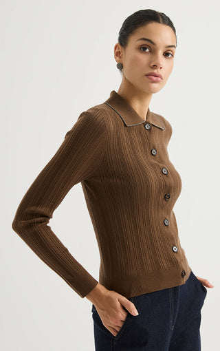Wool Ribbed Knit Polo Cardigan