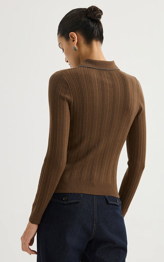 Wool Ribbed Knit Polo Cardigan