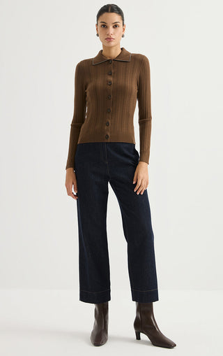 Wool Ribbed Knit Polo Cardigan