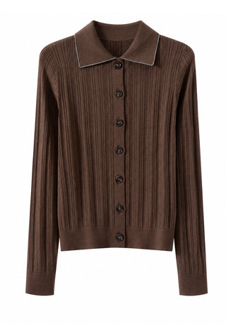 Coffee-brown wool rib knit polo cardigan with pointed collar and dark button