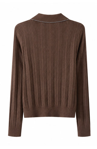 Coffee-brown wool rib knit polo cardigan with long sleeves and ribbed knit back