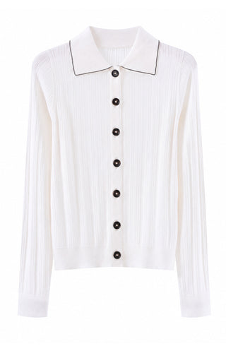 White wool rib knit polo cardigan with pointed collar and button placket