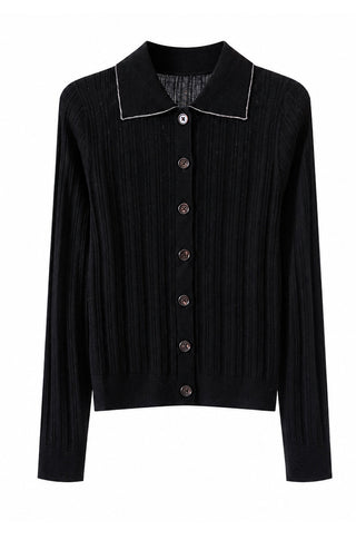 Black wool rib knit polo cardigan with pointed collar and five-button placket