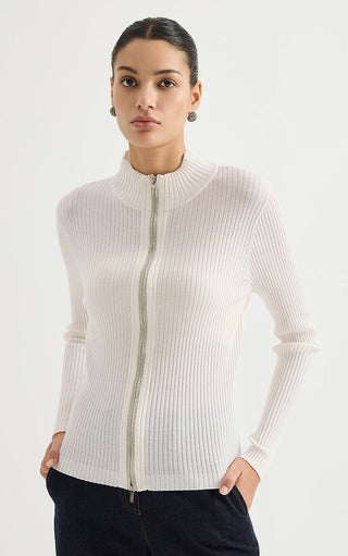 Fine wool ribbed zip cardigan in off-white, high neck, long sleeves, slim fit