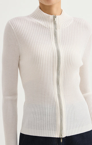 Fine wool ribbed zip cardigan in off-white, full front zipper and ribbed knit texture