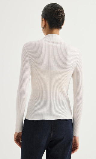 Fine wool ribbed zip cardigan in off-white, back view with long sleeves and rib knit