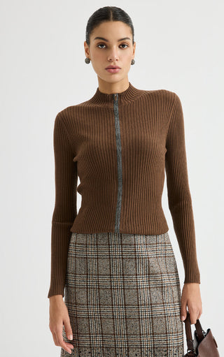 Fine wool ribbed zip cardigan in brown, high neck, long sleeves, ribbed knit texture