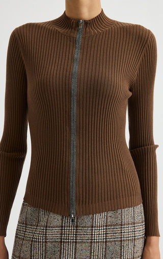 Fine wool ribbed zip cardigan in brown, close-up of zip-front and vertical rib pattern