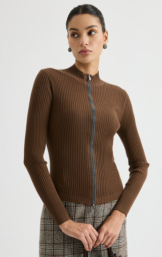 Fine wool ribbed zip cardigan in brown, zip-front with stand collar, hand-in-pocket