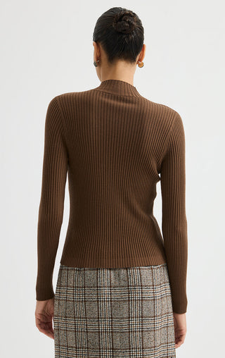 Fine wool ribbed zip cardigan in brown, back view with long sleeves and rib knit
