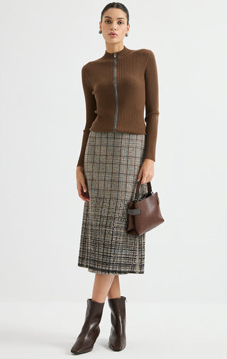 Fine wool ribbed zip cardigan in brown, zip-front with stand collar, paired with skirt