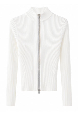 White ribbed wool zip cardigan with stand collar