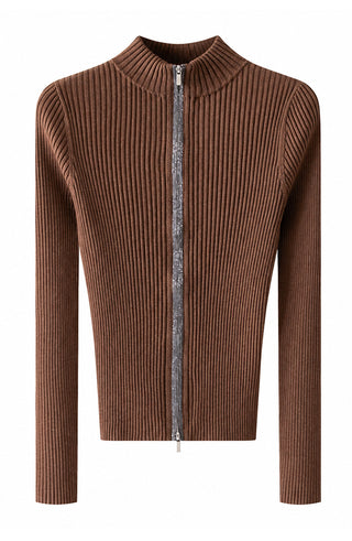 Brown ribbed wool zip cardigan with stand collar