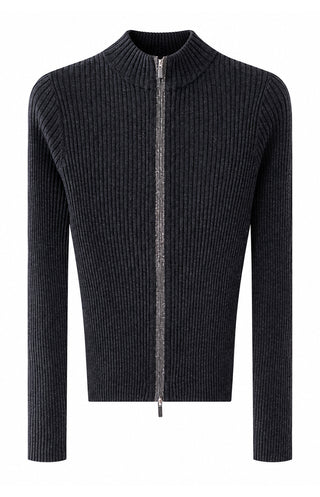 Dark ribbed wool zip cardigan with stand collar