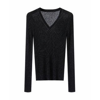 Wool blend V-neck ribbed knit sweater in black, long sleeves