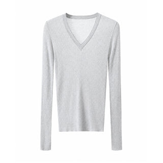 Ribbed knit V-neck sweater in light gray, long sleeves