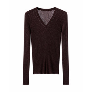 Ribbed knit V-neck sweater in dark brown, long sleeves