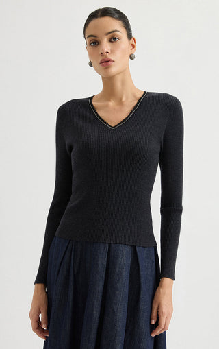 Wool Blend V-Neck Ribbed Knit Sweater