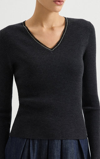 Wool Blend V-Neck Ribbed Knit Sweater