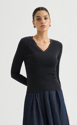 Wool Blend V-Neck Ribbed Knit Sweater