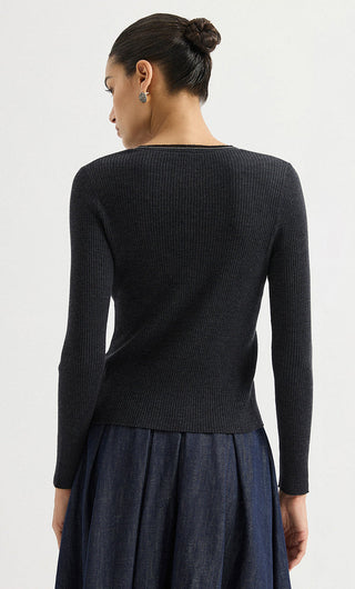 Wool Blend V-Neck Ribbed Knit Sweater