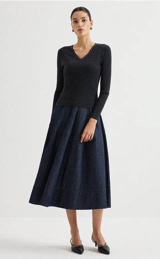 Wool Blend V-Neck Ribbed Knit Sweater