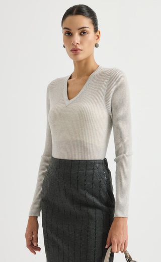 Wool Blend V-Neck Ribbed Knit Sweater