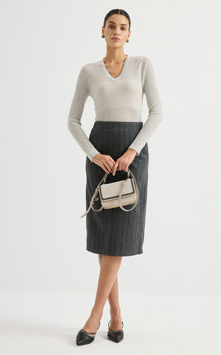 Wool Blend V-Neck Ribbed Knit Sweater